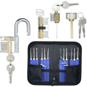 17 pcs Juego de ganzúas con bolsa de almacenamiento + 4 pcs Juego de candados de práctica visible Candado transparente Entrenamiento Herramientas de barato