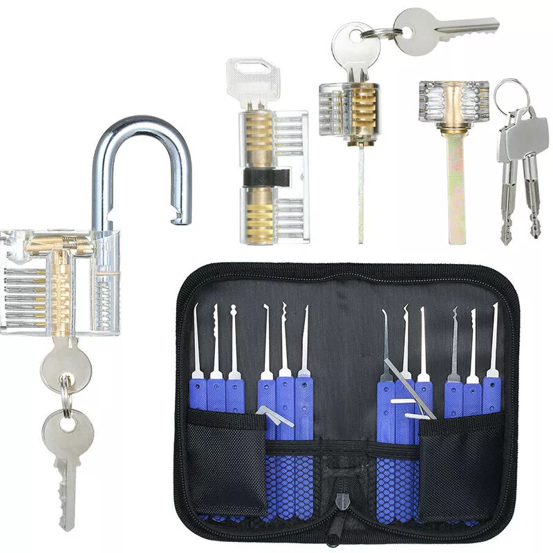 17 pcs Juego de ganzúas con bolsa de almacenamiento + 4 pcs Juego de candados de práctica visible Candado transparente Entrenamiento Herramientas de barato