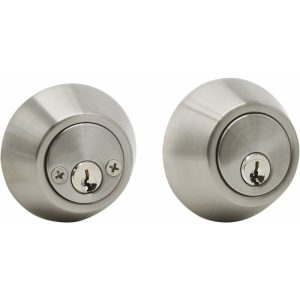 BSR - Pernos de cilindro doble de níquel satinado Cerraduras de puerta interior y exterior redondas modernas modernas con 2 llaves laterales 1 paquete barato