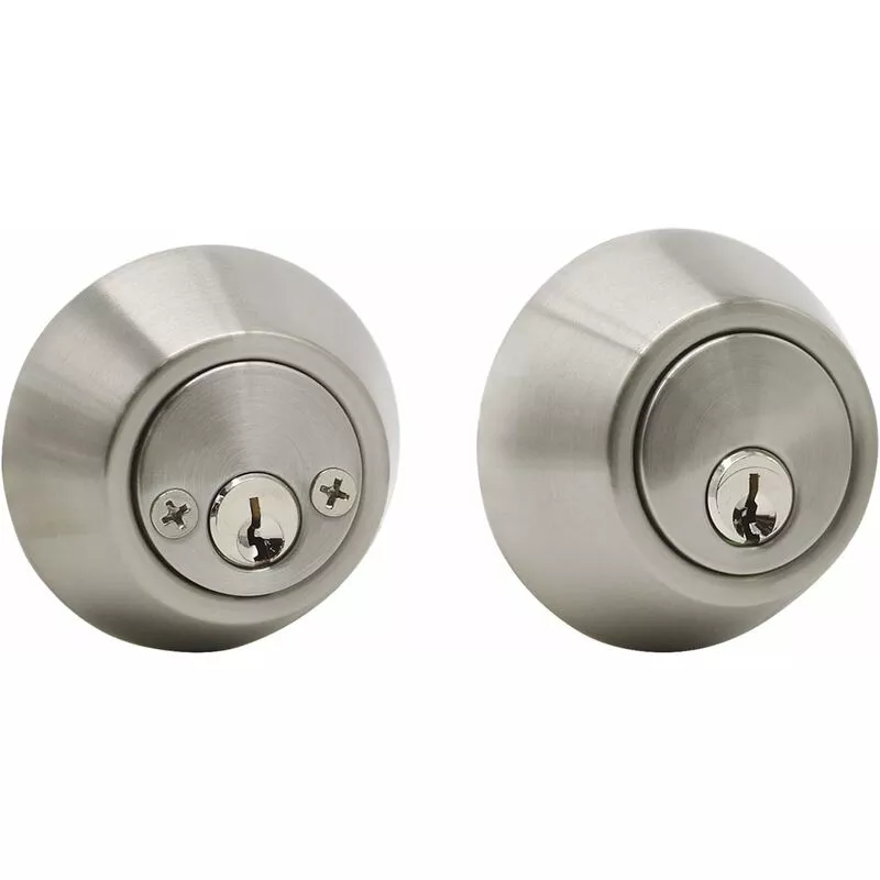 BSR - Pernos de cilindro doble de níquel satinado Cerraduras de puerta interior y exterior redondas modernas modernas con 2 llaves laterales 1 paquete barato
