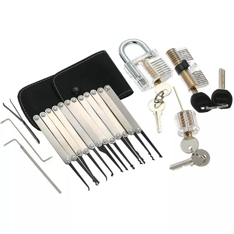 Juego de herramientas para ganzúas de 15 piezas con tres candados de entrenamiento de práctica transparentes para principiantes y profesionales de barato