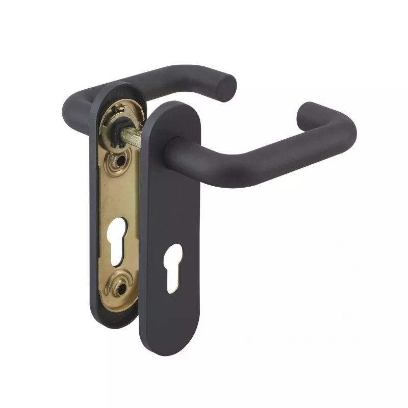 Par de manillas sobre placa - Negro - Perfil europeo - Para cerradura de sala de calderas (No funciona con cerradura antipánico) barato