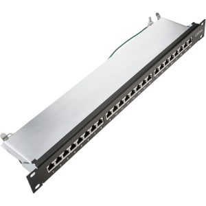 Patch panel rack 24 RJ45 Cat.6A ftp 1U negro con peine para gestión de cables - Rackmatic barato