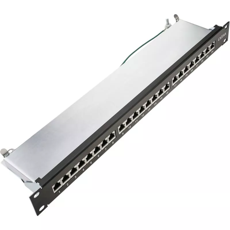Patch panel rack 24 RJ45 Cat.6A ftp 1U negro con peine para gestión de cables - Rackmatic barato